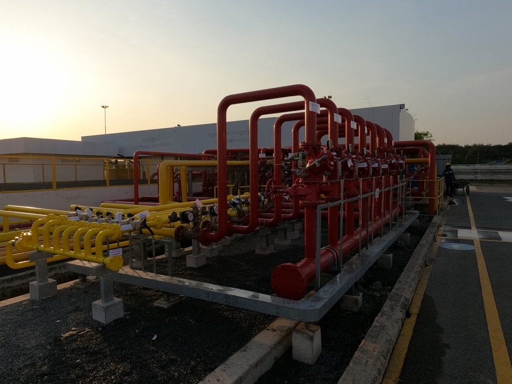 Depot piping network at dusk