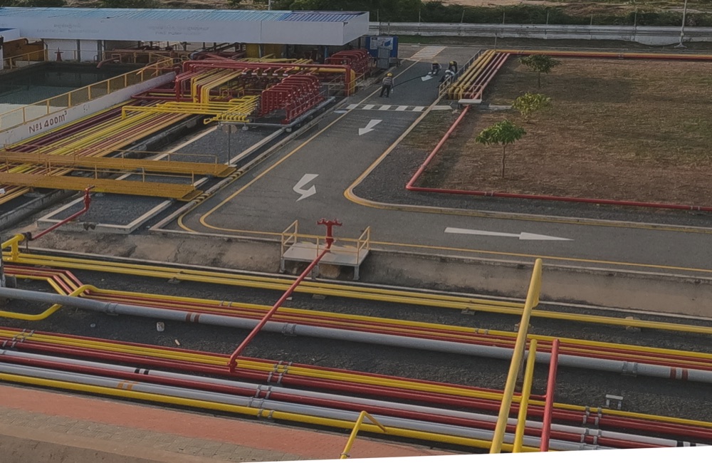 Aerial view of a fuel depot piping network